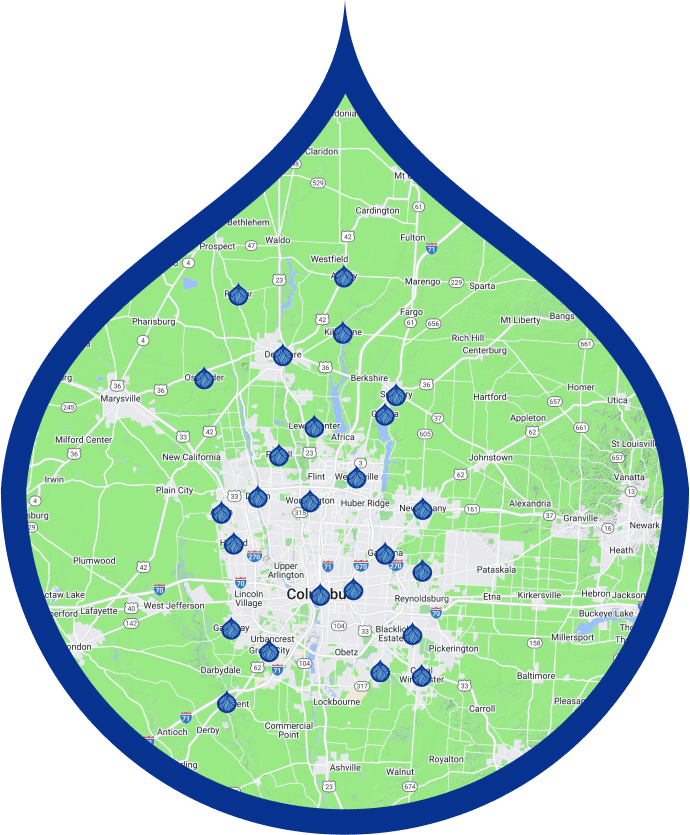 Map Of Columbus, Ohio, With Multiple Blue Water Droplet Icons Scattered Across Various Locations.
