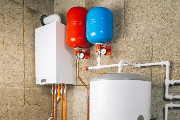 A boiler system with red and blue expansion tanks, pipes, and fittings mounted on a textured wall.