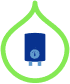 Icon Of A Blue Water Heater Inside A Green Droplet Shape.