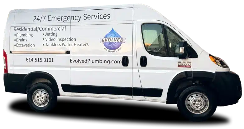White Evolved Plumbing Van With Contact Info, 24/7 Emergency Services, And Details On Plumbing And Excavation Services.