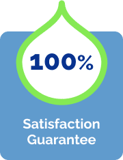 A Green And White Badge With &Quot;100%&Quot; Inside, Above The Words &Quot;Satisfaction Guarantee&Quot; On A Blue Background.