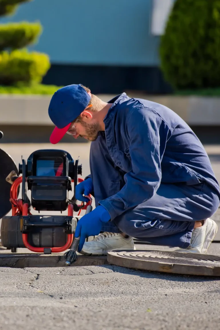 A worker in blue coveralls and cap kneels next to an open manhole, operating a camera on a cable.